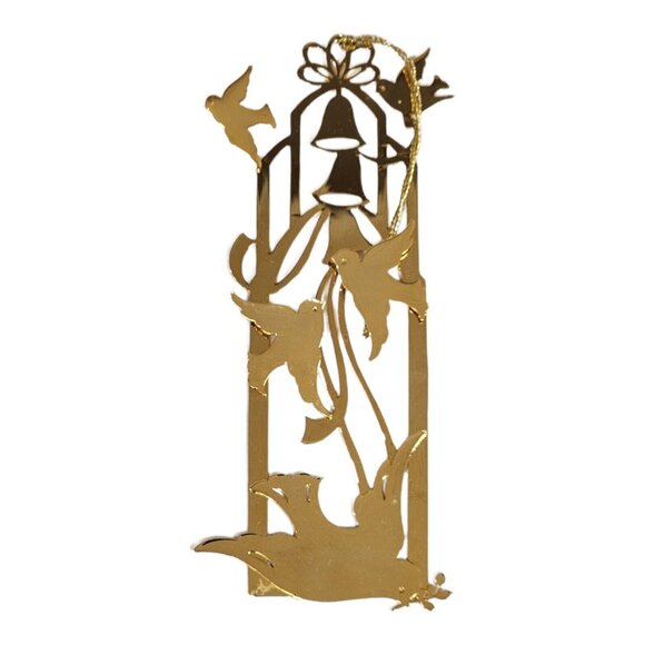 VTG Tamerlane 24kt Gold Finish Christmas Tree Hanging Ornament Doves Bird Bells - Picture 1 of 7